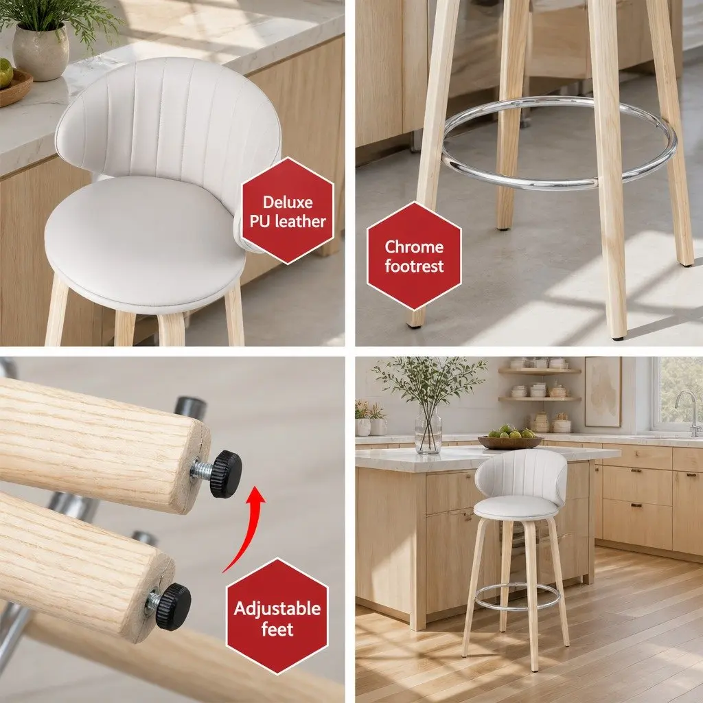 Bar Stools Set of 4 Padded Seat Contoured Backrest Kitchen Stool Walnut Plywood Chrome Footrest Beige