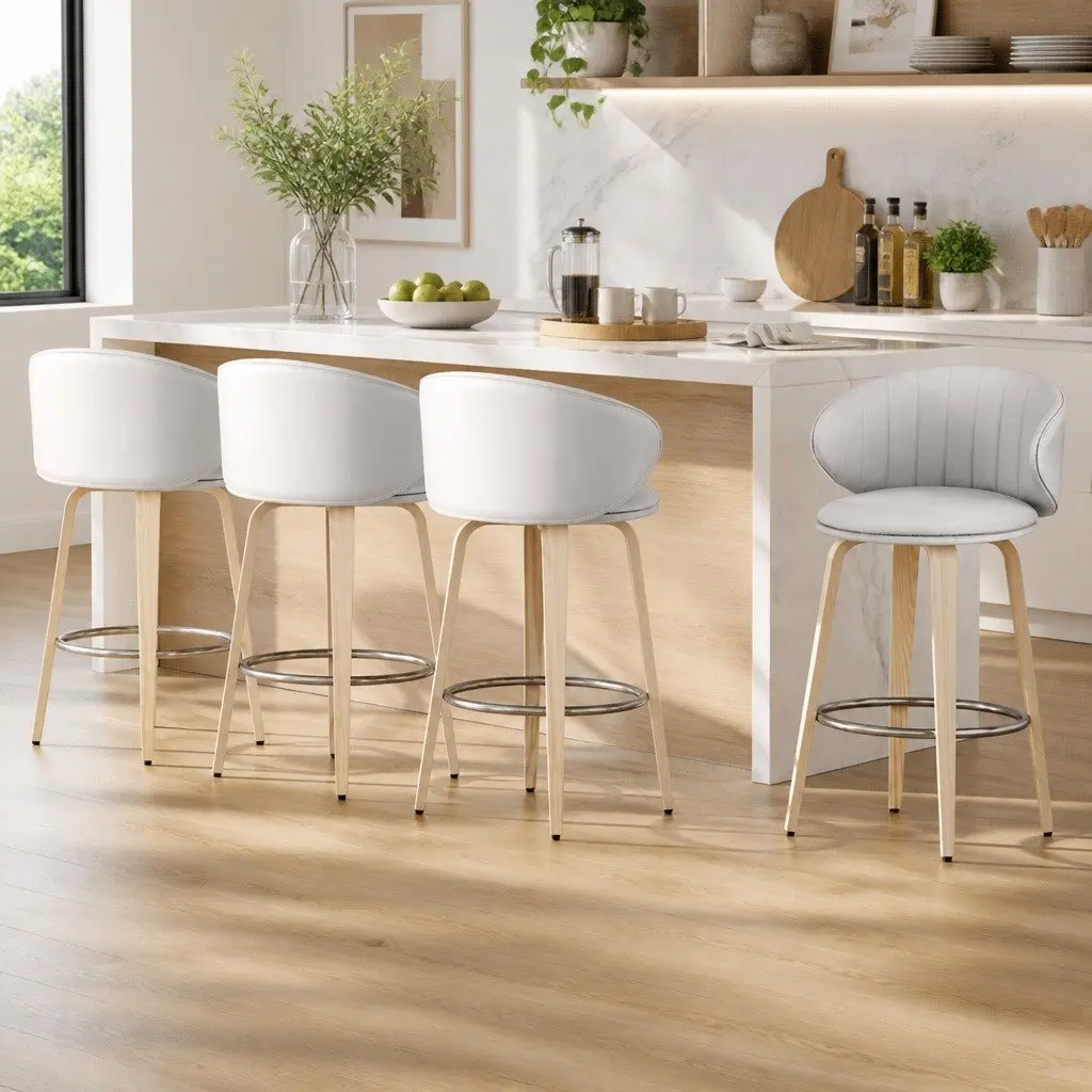 Bar Stools Set of 4 Padded Seat Contoured Backrest Kitchen Stool Walnut Plywood Chrome Footrest Beige