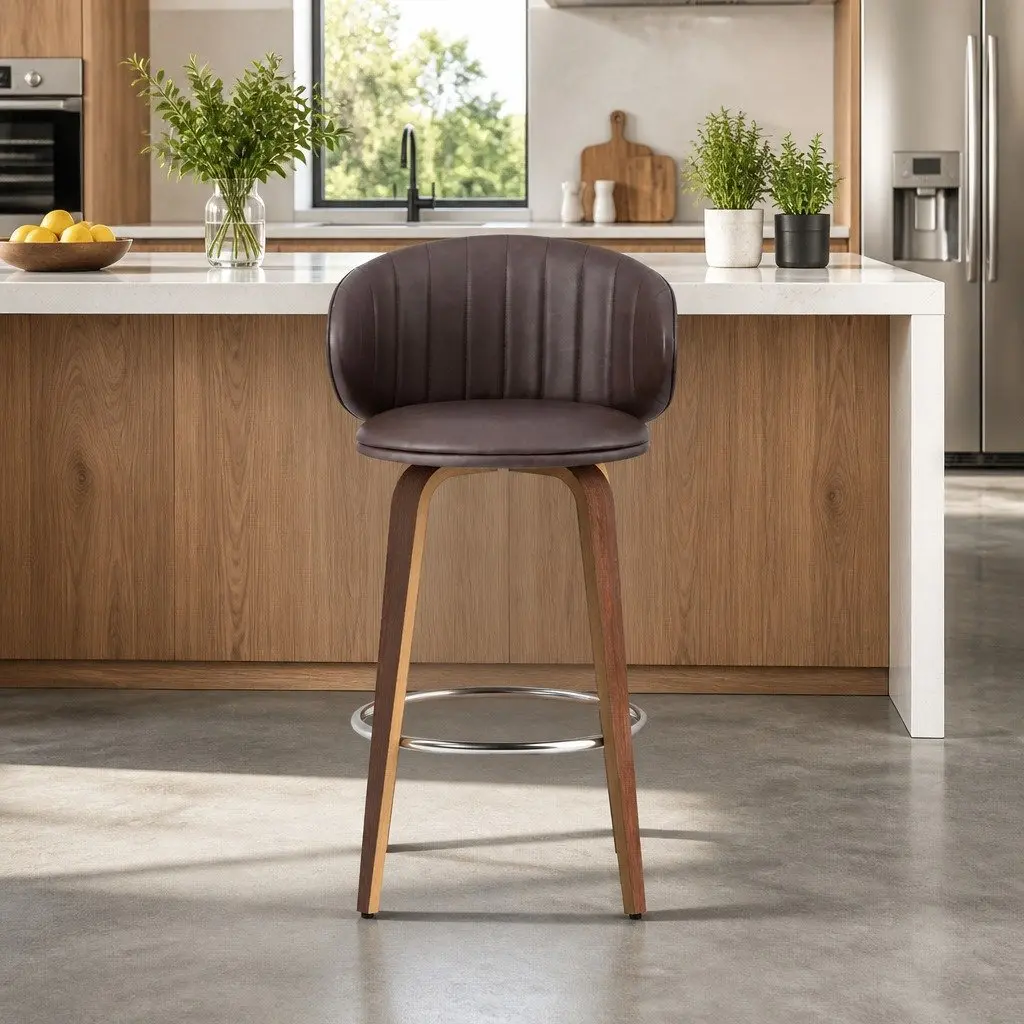 Bar Stools Brown Set of 2 Padded Seat Contoured Backrest Kitchen Stool