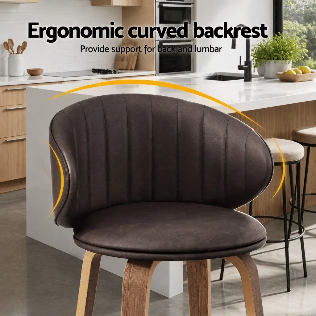 Bar Stools Brown Set of 2 Padded Seat Contoured Backrest Kitchen Stool