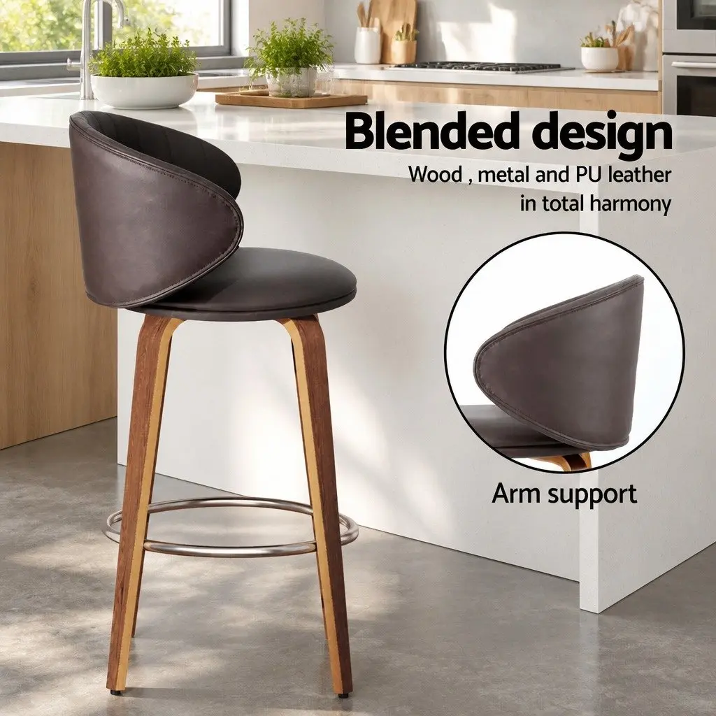 Bar Stools Brown Set of 2 Padded Seat Contoured Backrest Kitchen Stool