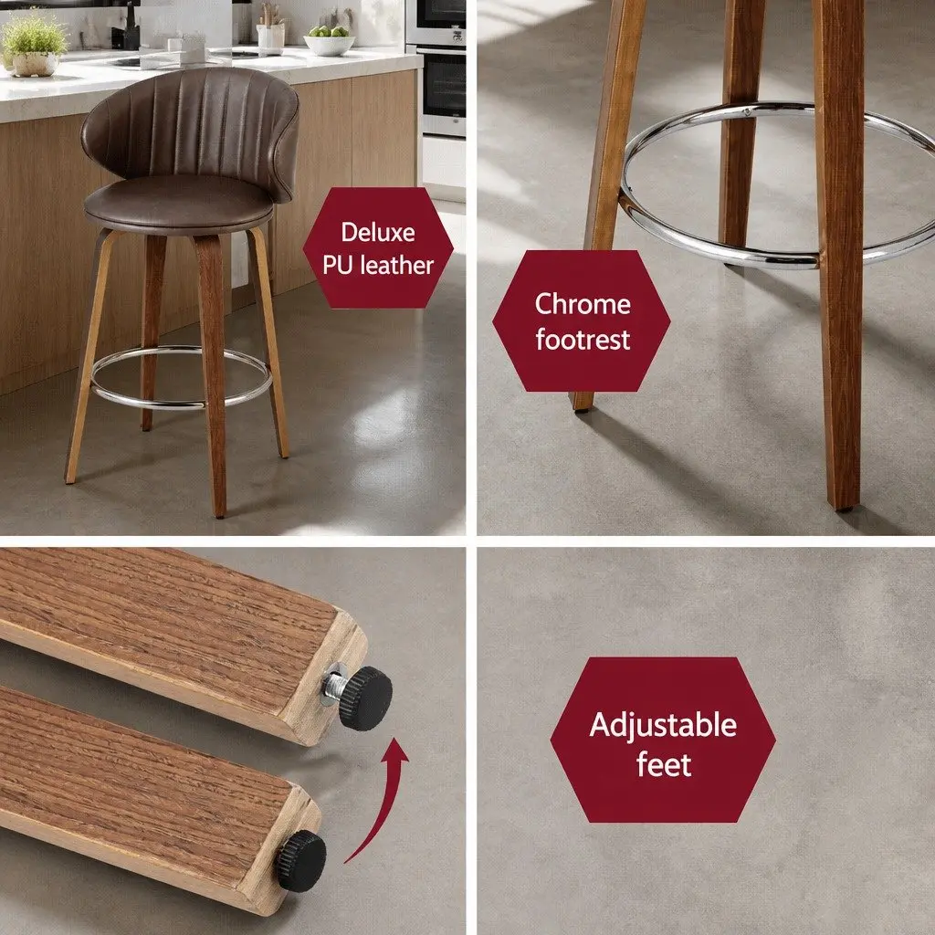 Bar Stools Brown Set of 2 Padded Seat Contoured Backrest Kitchen Stool