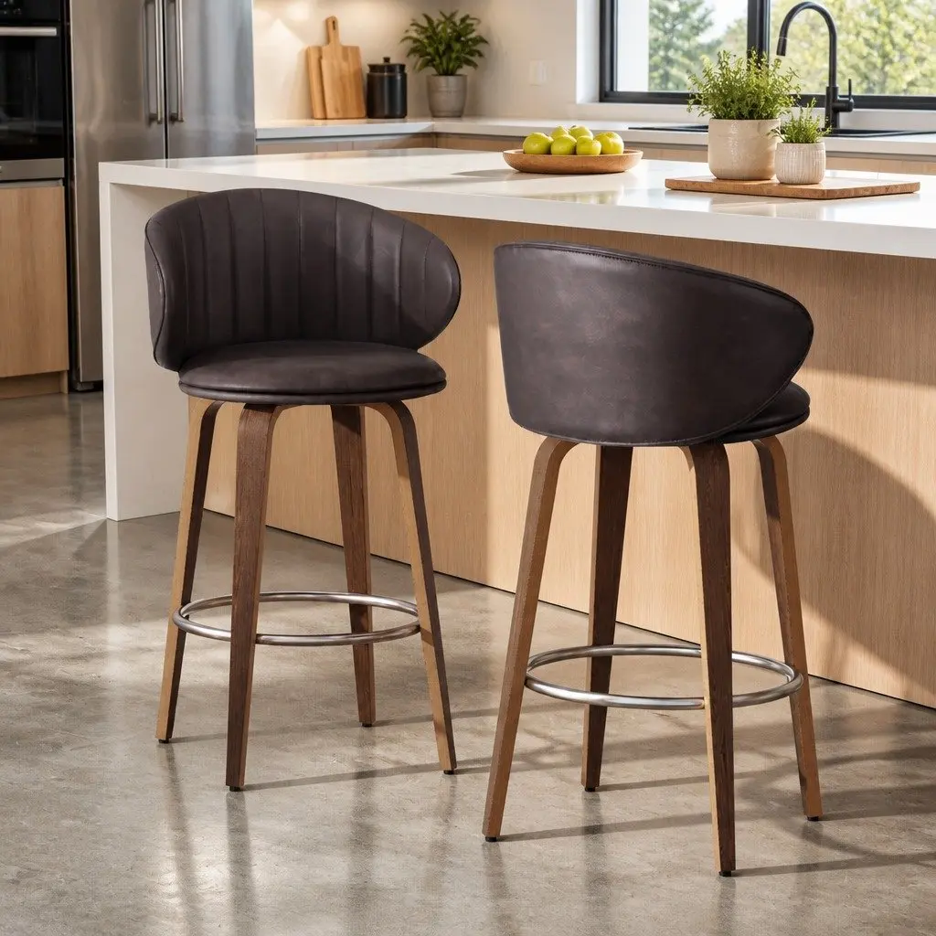 Bar Stools Brown Set of 2 Padded Seat Contoured Backrest Kitchen Stool