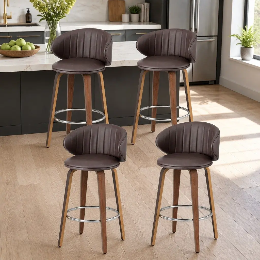 Bar Stools Set of 4 Dining Chairs Contoured Backrest Padded Seat Brown Wood