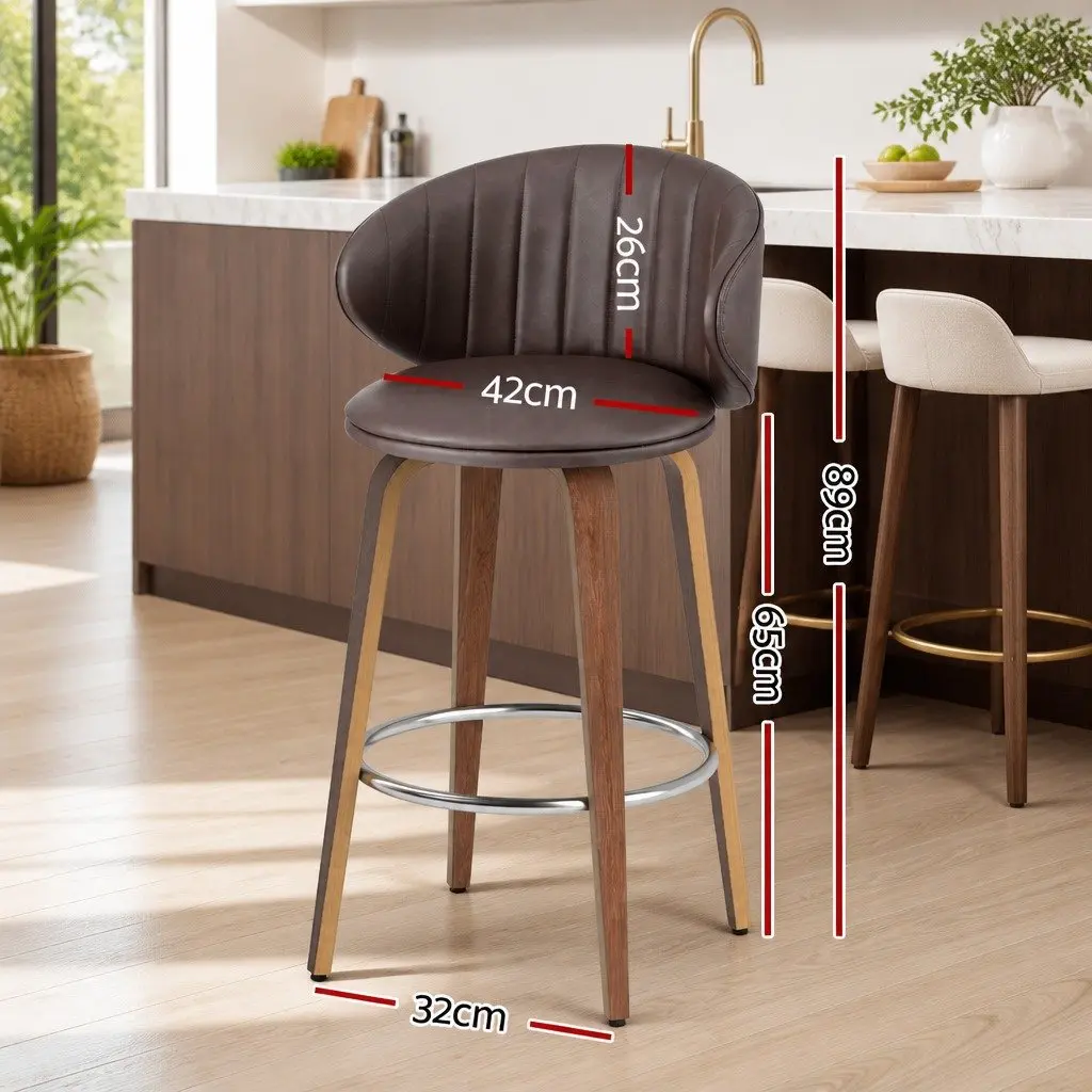 Bar Stools Set of 4 Dining Chairs Contoured Backrest Padded Seat Brown Wood