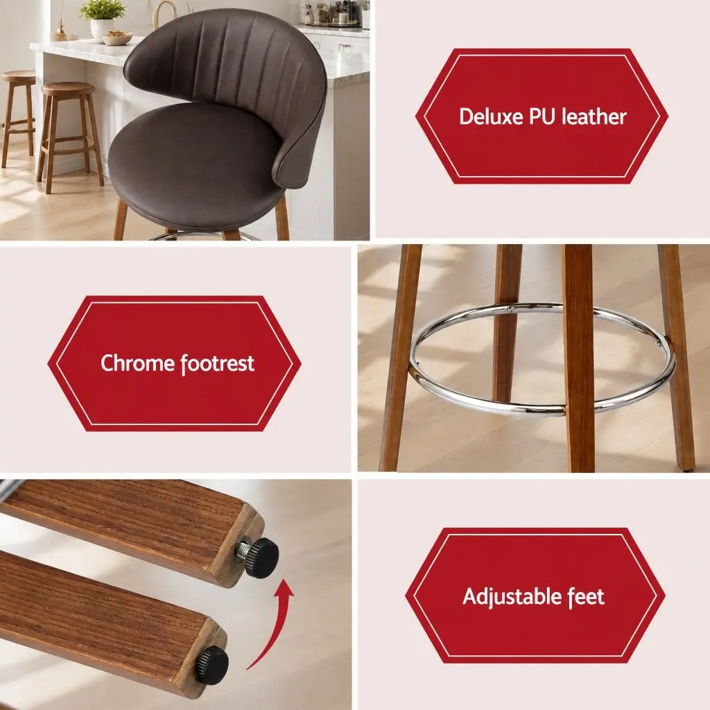 Bar Stools Set of 4 Dining Chairs Contoured Backrest Padded Seat Brown Wood
