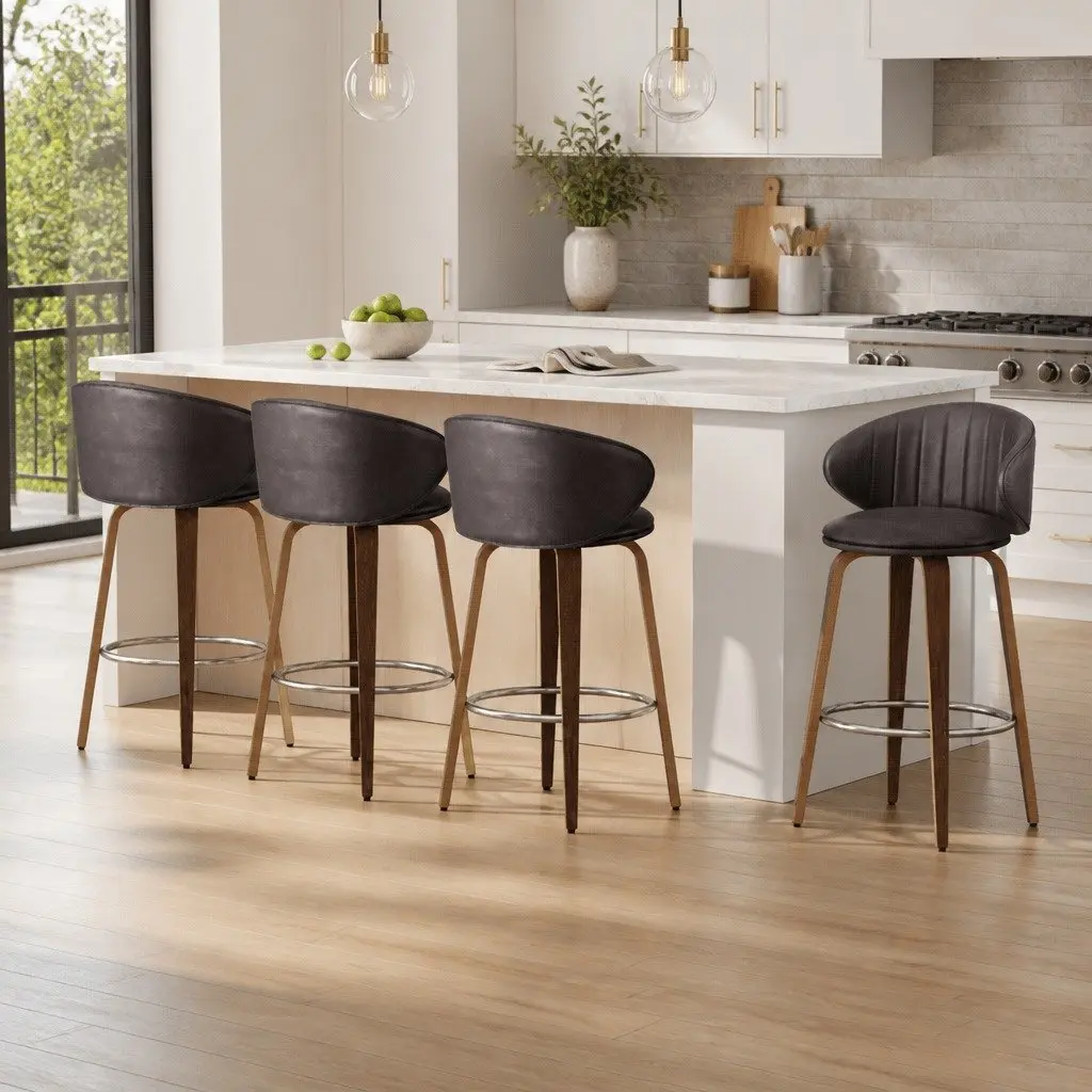 Bar Stools Set of 4 Dining Chairs Contoured Backrest Padded Seat Brown Wood