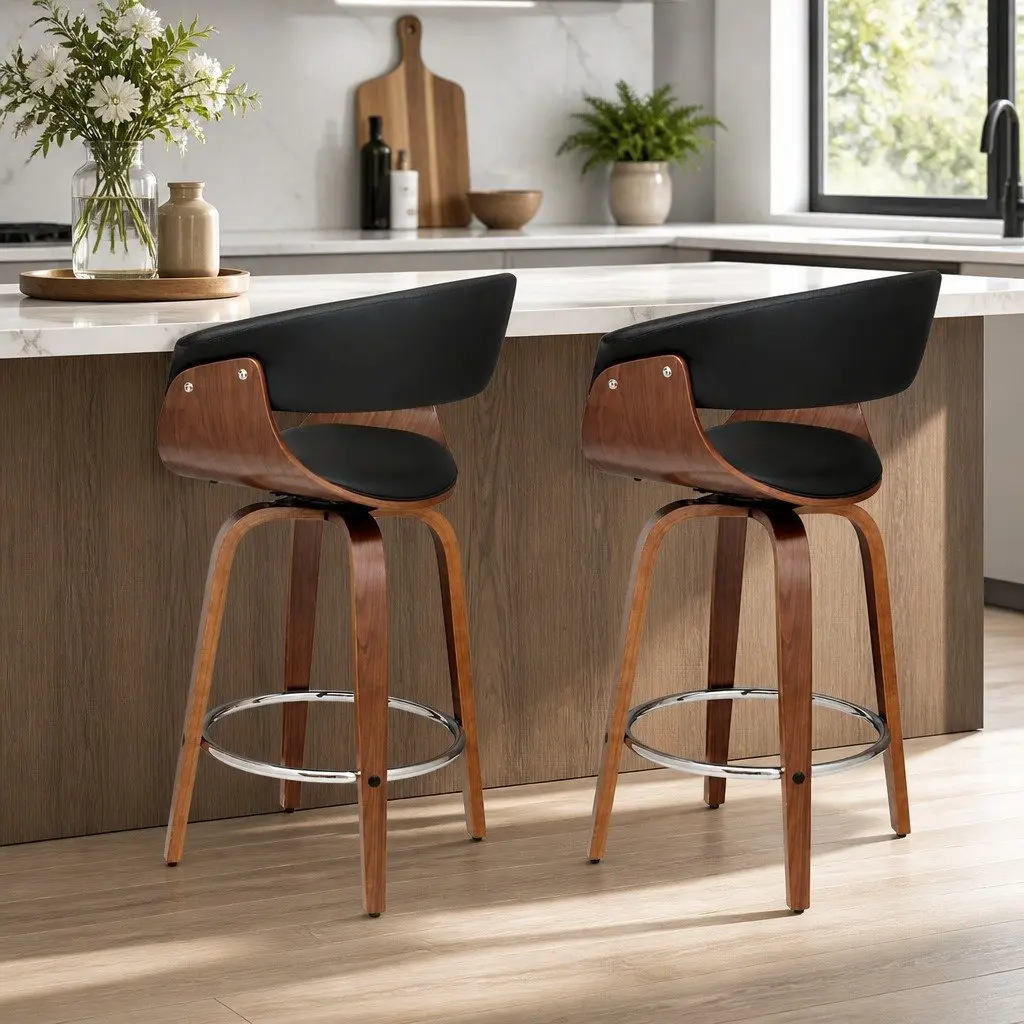 Wooden Frame Bar Stools with Swivel Seats and Armrests