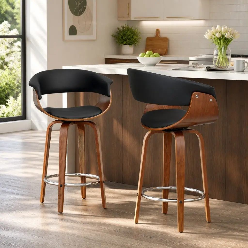 Wooden Frame Bar Stools with Swivel Seats and Armrests