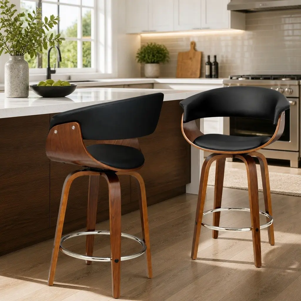 Wooden Frame Bar Stools with Swivel Seats and Armrests