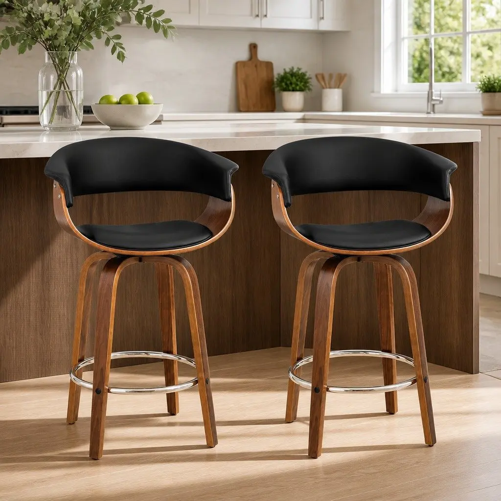 Wooden Frame Bar Stools with Swivel Seats and Armrests