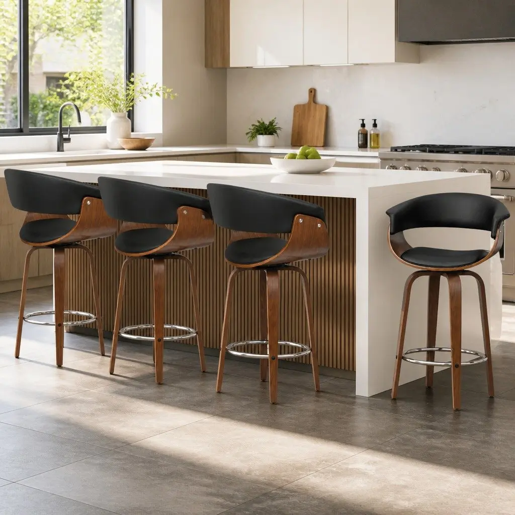 Bar Stools Swivel Black Seat Mid-Height Backrest Wooden Frame 4 Piece