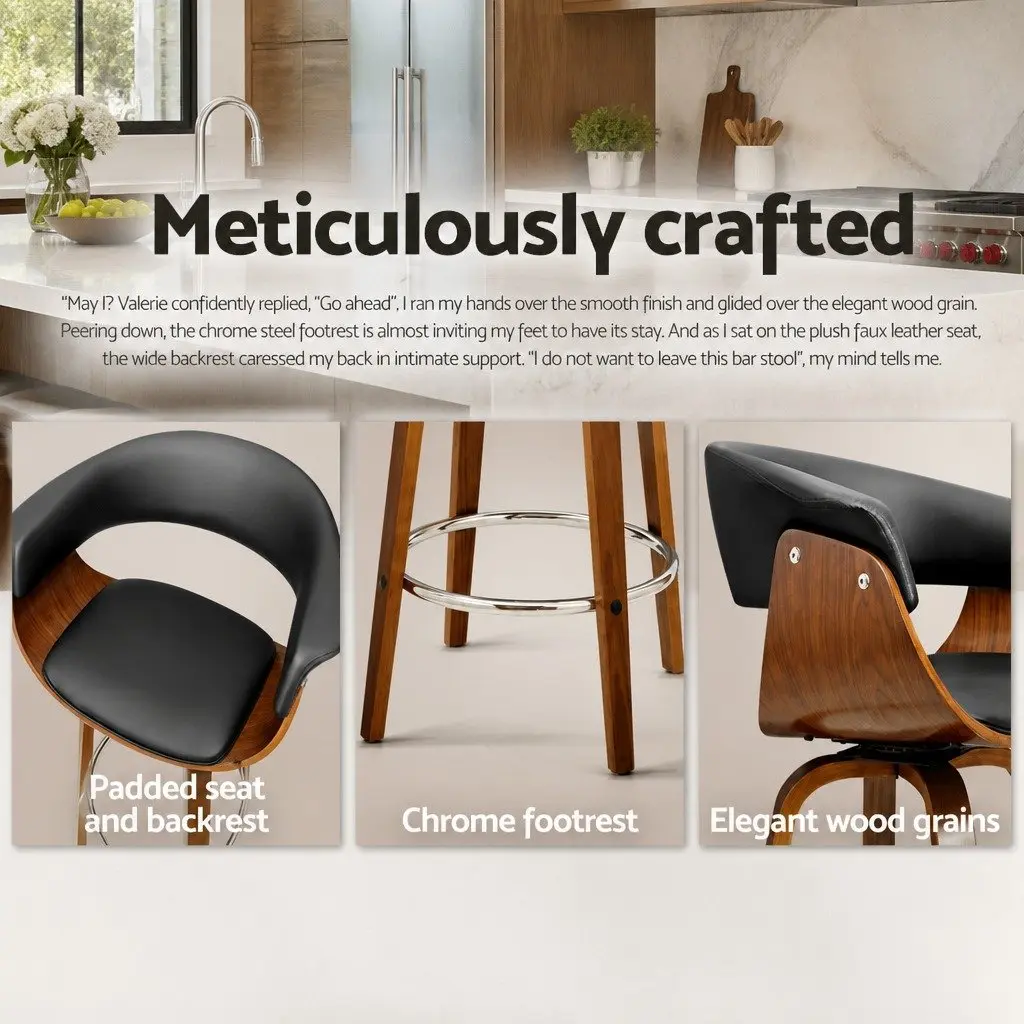 Bar Stools Swivel Black Seat Mid-Height Backrest Wooden Frame 4 Piece