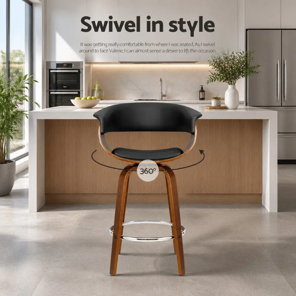 Bar Stools Swivel Black Seat Mid-Height Backrest Wooden Frame 4 Piece