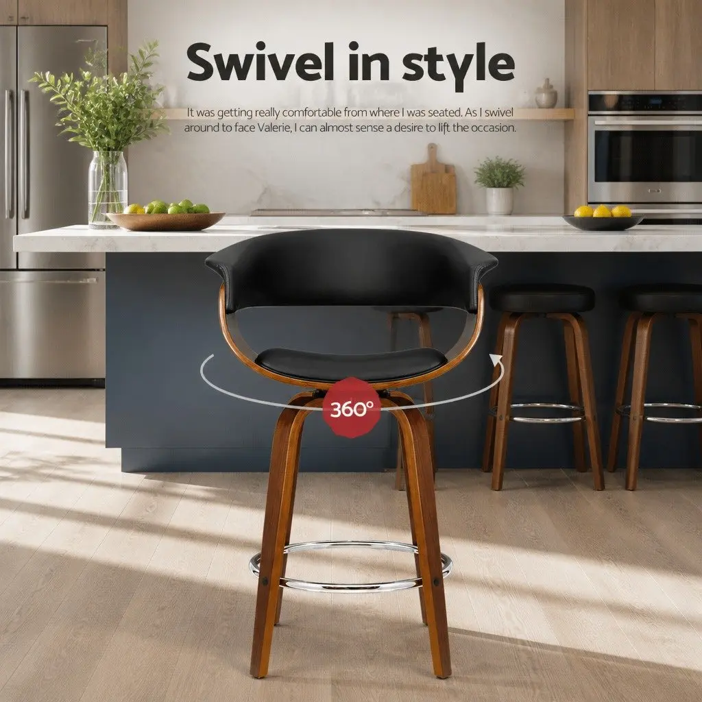 Bar Stools Swivel Black Seat Mid-Height Backrest Wooden Frame 4 Piece