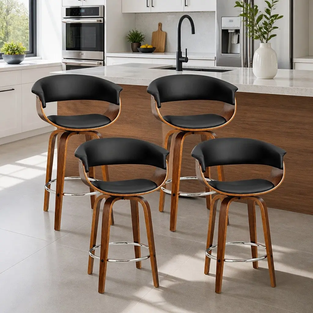 Bar Stools Swivel Black Seat Mid-Height Backrest Wooden Frame 4 Piece