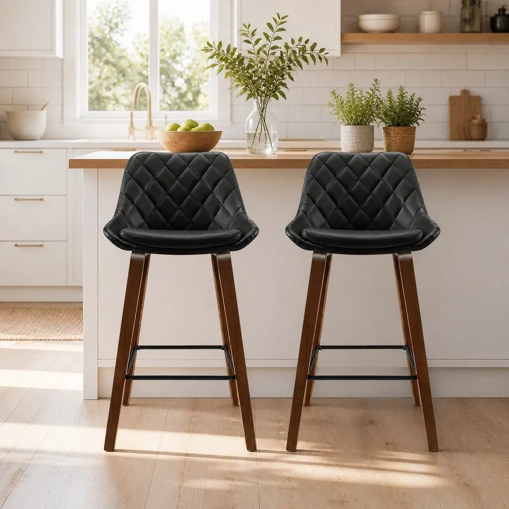 Bar Stools PU Leather Seat Black 68cm Bentwood Legs