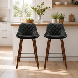 Set of 2 Black Bar Stools with PU Leather and Wood Legs