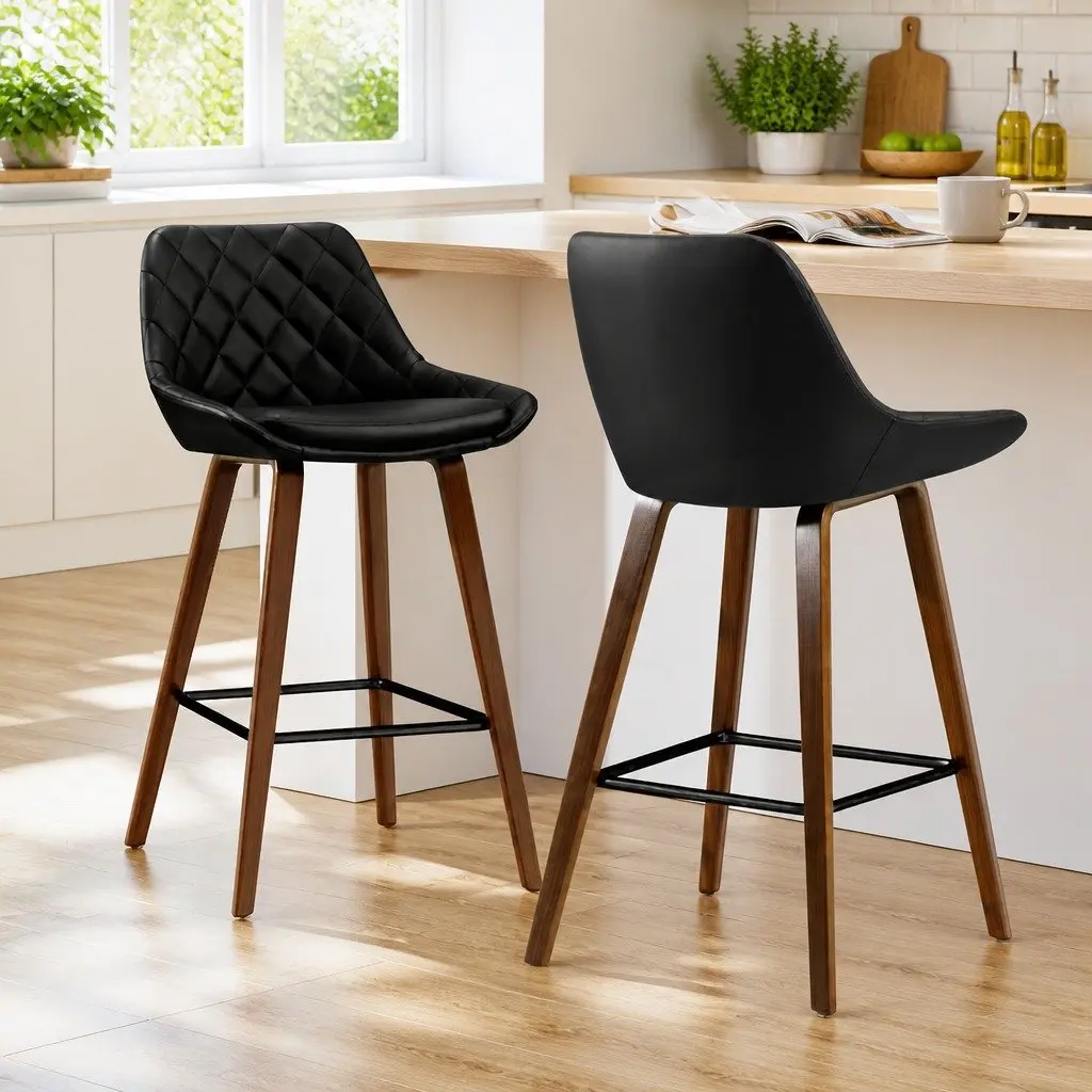 Bar Stools PU Leather Seat Black 68cm Bentwood Legs