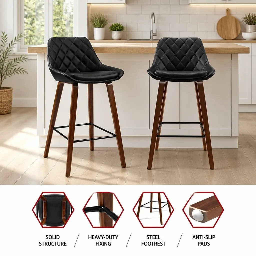 Bar Stools PU Leather Seat Black 68cm Bentwood Legs