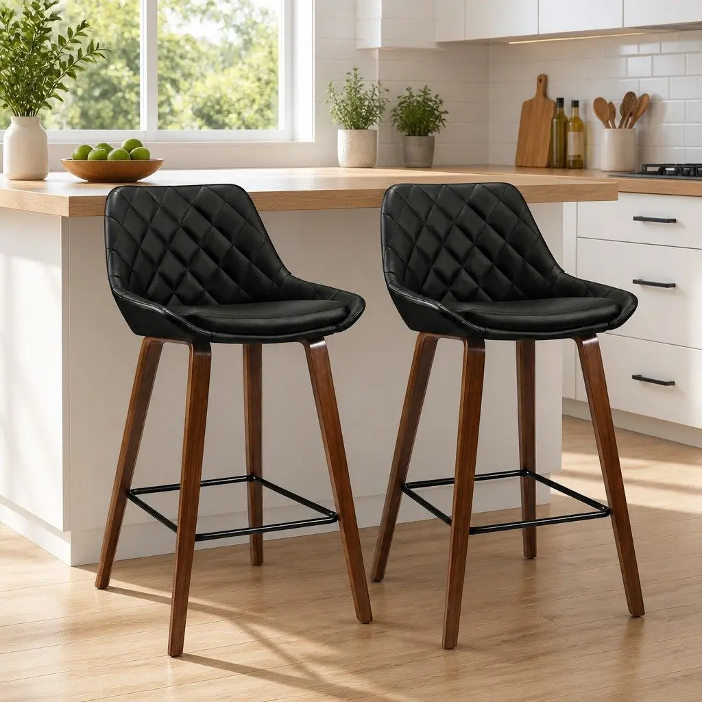 Bar Stools PU Leather Seat Black 68cm Bentwood Legs