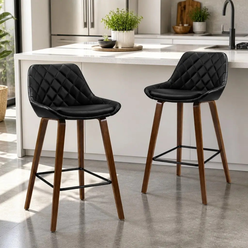 Bar Stools PU Leather Seat Black Kitchen Counter Height Bentwood Legs 4 Piece
