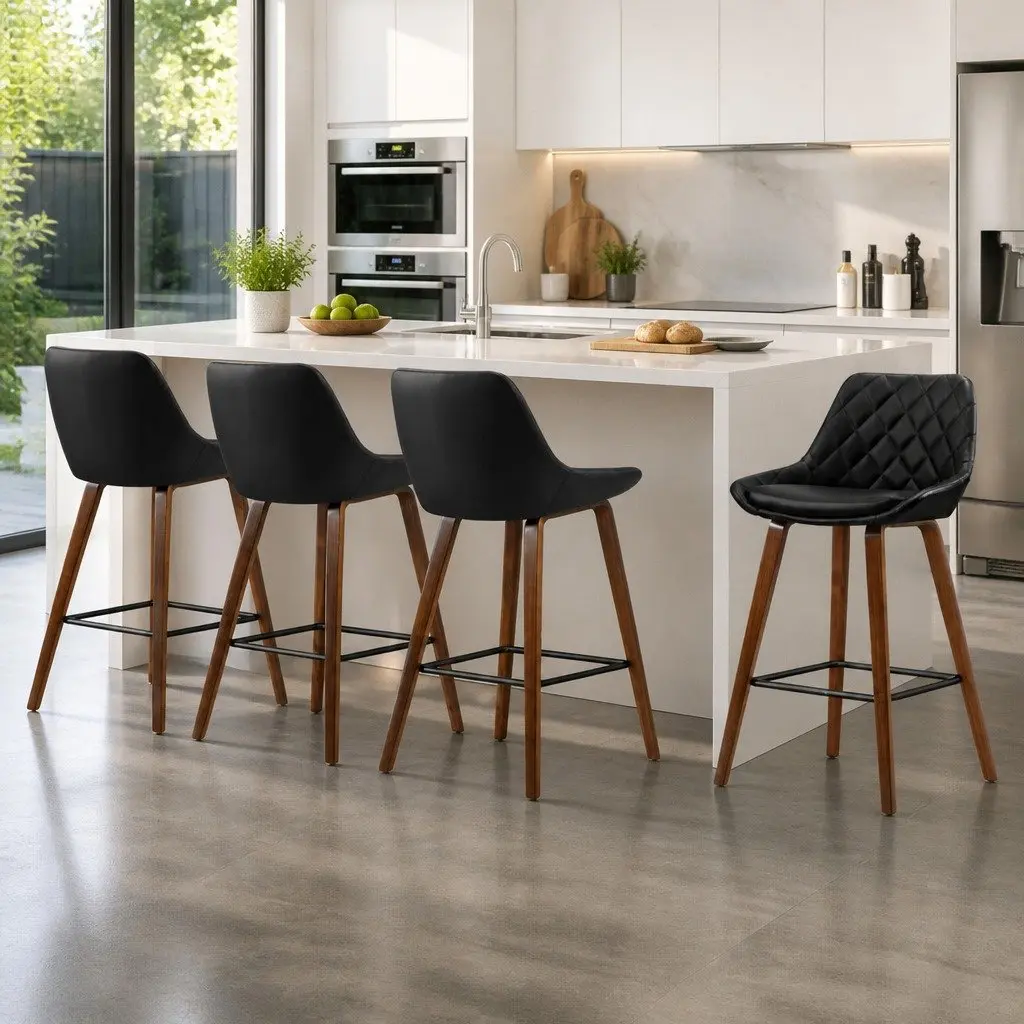 Bar Stools PU Leather Seat Black Kitchen Counter Height Bentwood Legs 4 Piece