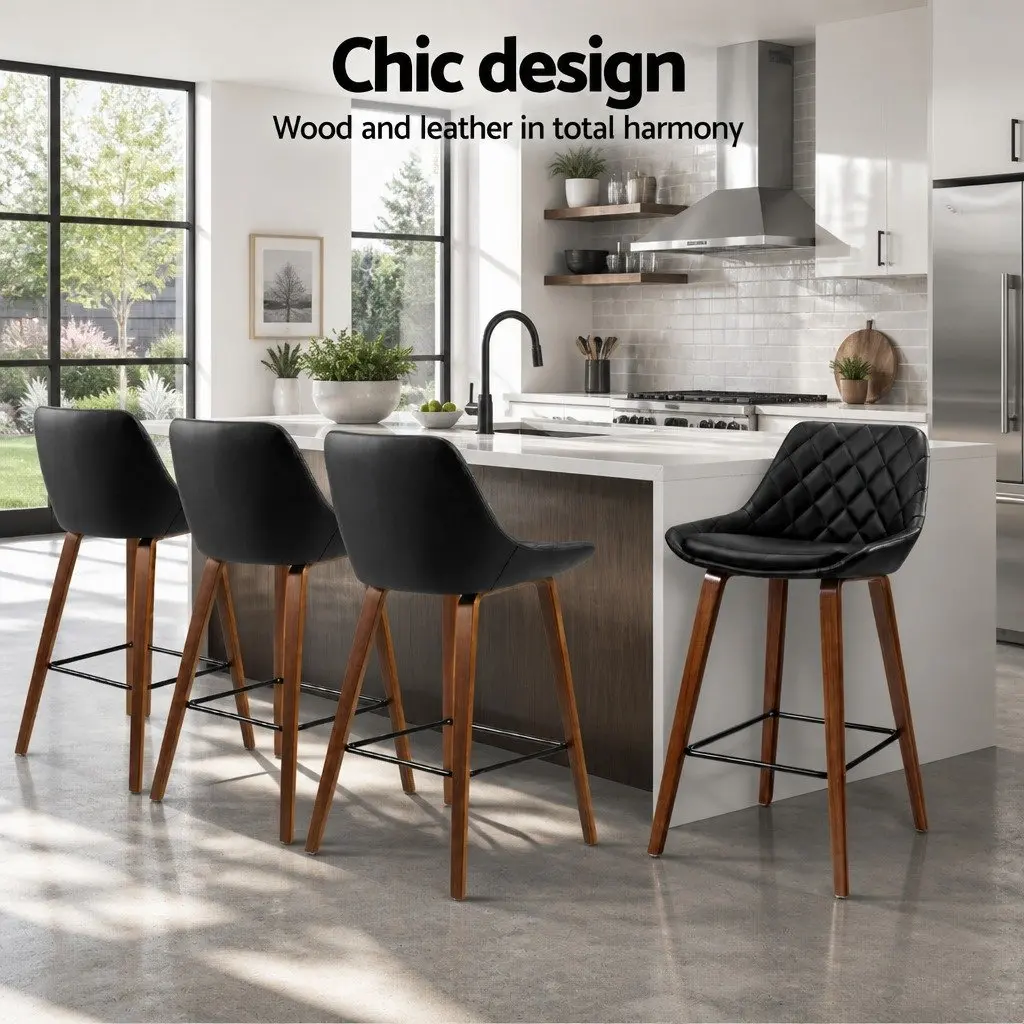 Bar Stools PU Leather Seat Black Kitchen Counter Height Bentwood Legs 4 Piece