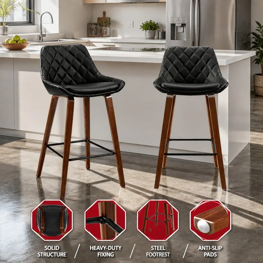 Bar Stools PU Leather Seat Black Kitchen Counter Height Bentwood Legs 4 Piece