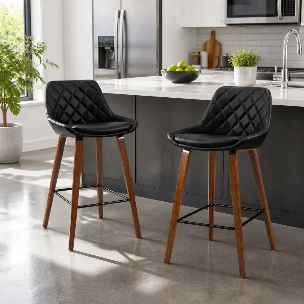 Bar Stools PU Leather Seat Black Kitchen Counter Height Bentwood Legs 4 Piece