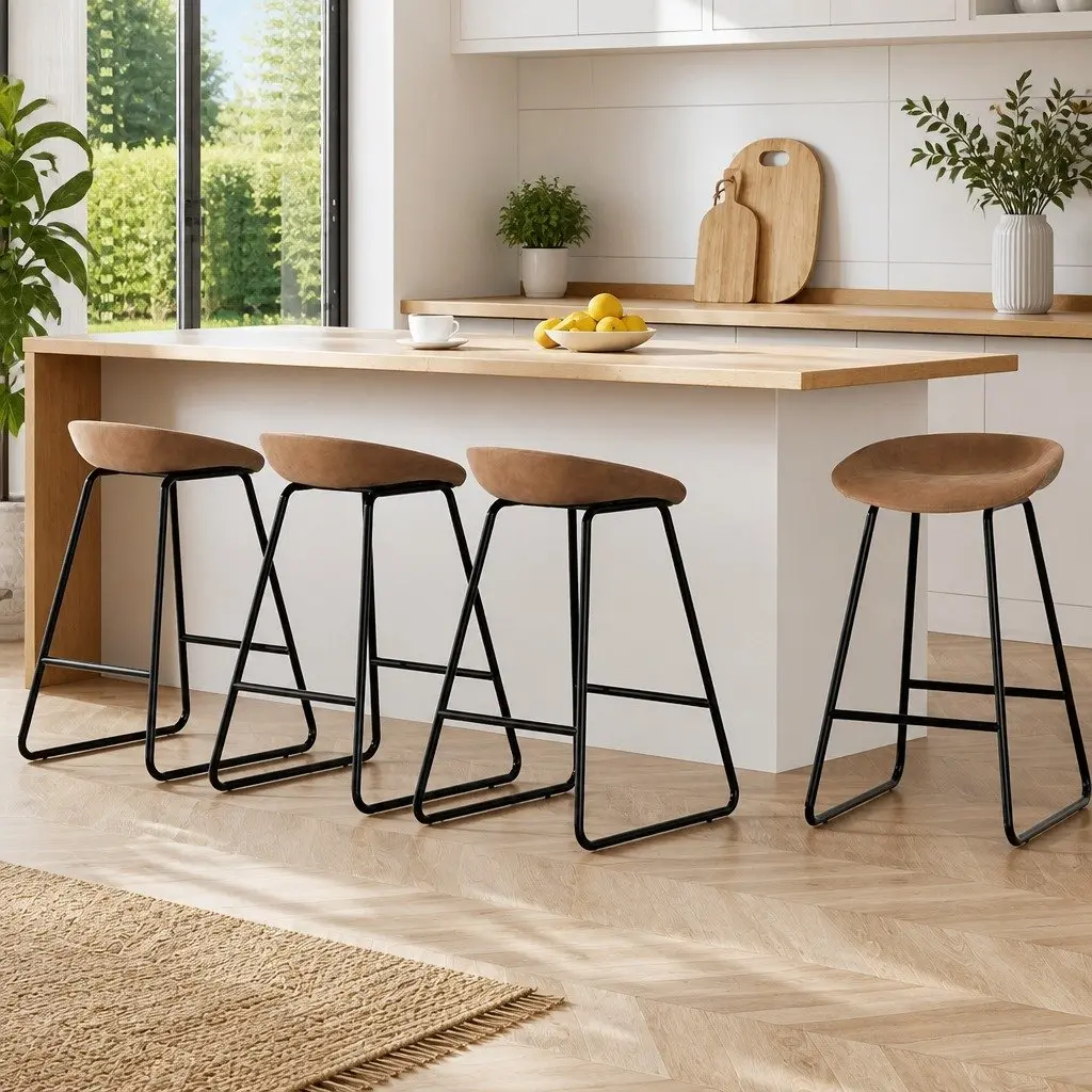 Set of 4 Brown PU Leather Bar Stools for Dining