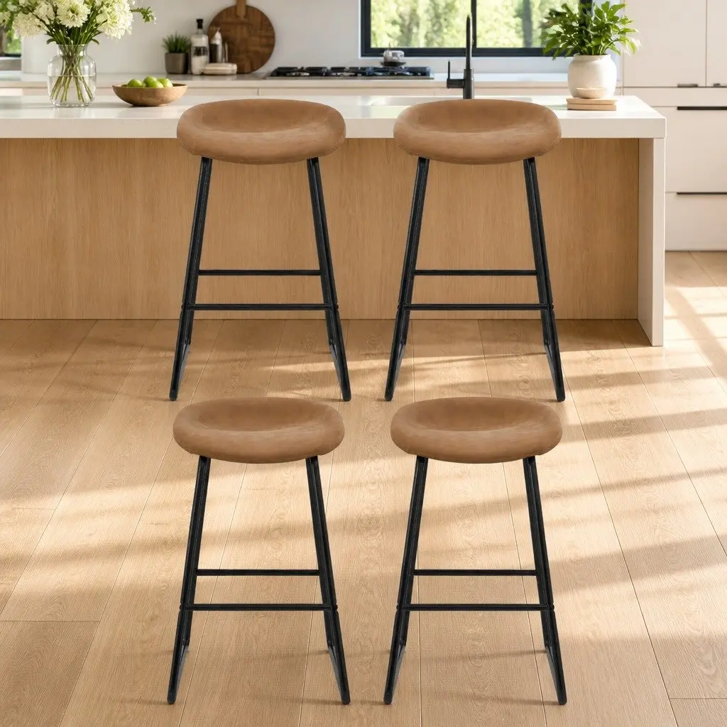 Set of 4 Brown PU Leather Bar Stools for Dining