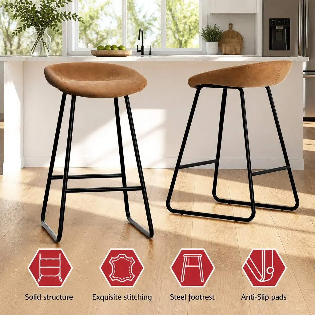 Set of 4 Brown PU Leather Bar Stools for Dining