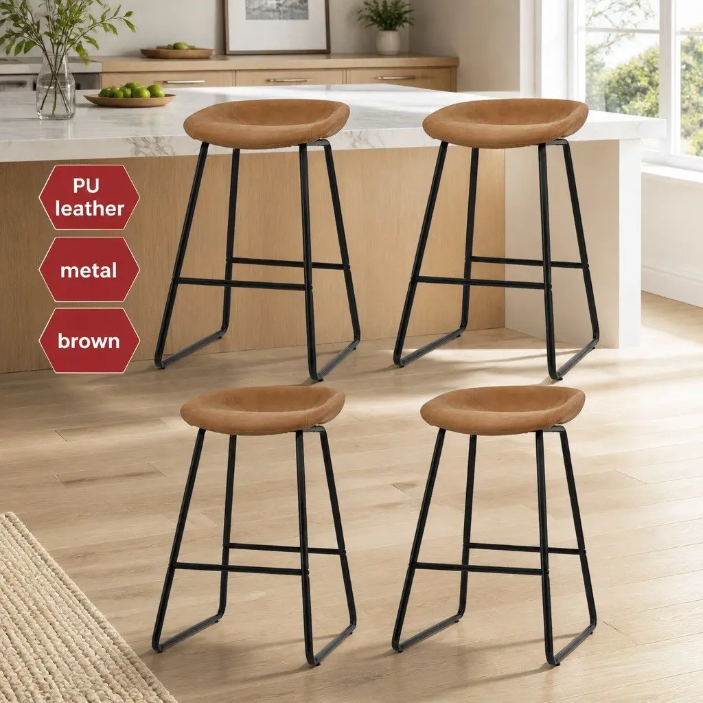 Set of 4 Brown PU Leather Bar Stools for Dining