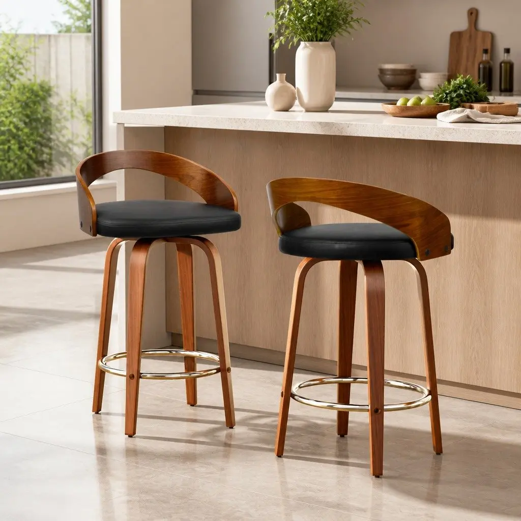 Bar Stools Swivel Seat Curved Backrest Black Walnut Wooden 2 Piece Kitchen Dining Set