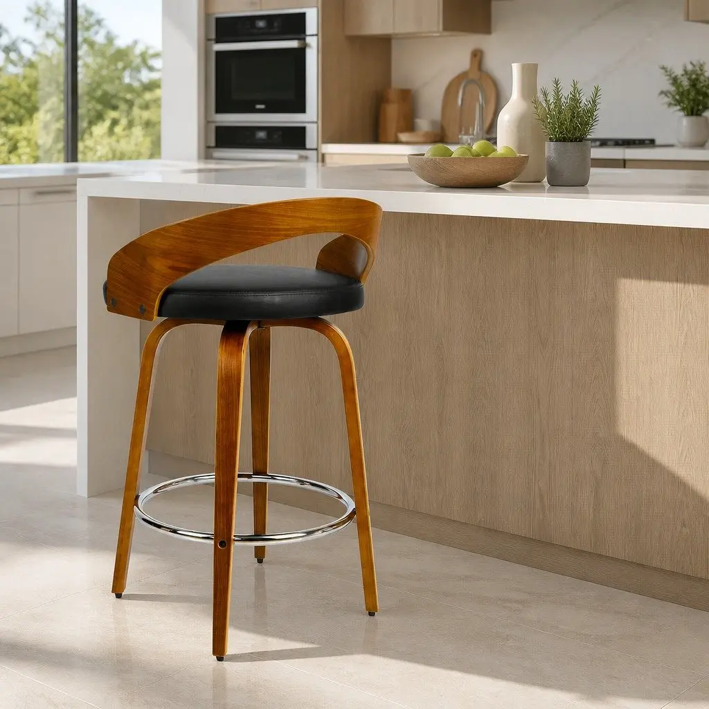 Bar Stools Swivel Seat Curved Backrest Black Walnut Wooden 2 Piece Kitchen Dining Set