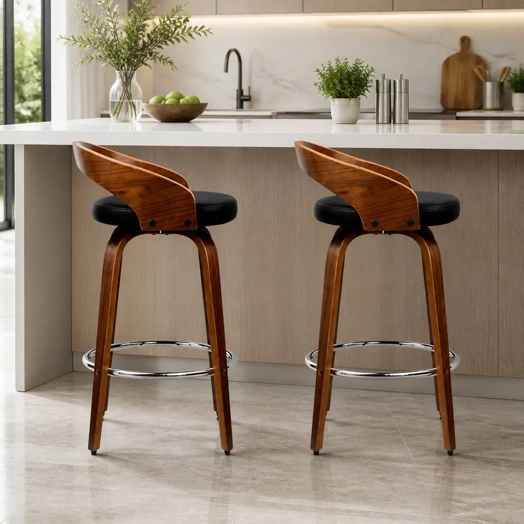 Bar Stools Swivel Seat Curved Backrest Black Walnut Wooden 2 Piece Kitchen Dining Set