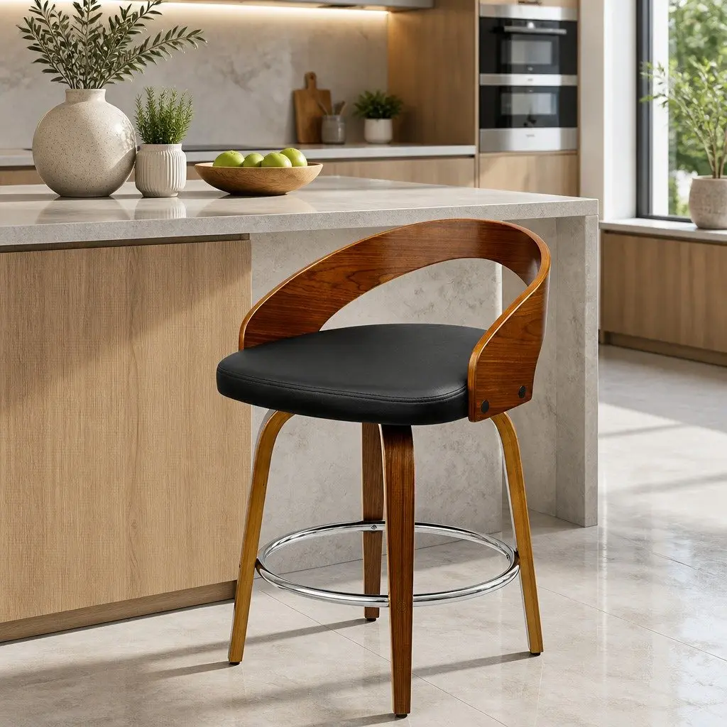 Bar Stools Swivel Seat Curved Backrest Black Walnut Wooden 2 Piece Kitchen Dining Set