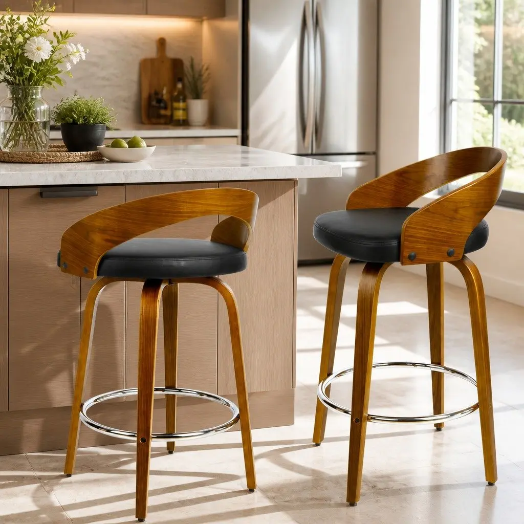 Bar Stools Swivel Seat Curved Backrest Black Walnut Wooden 2 Piece Kitchen Dining Set