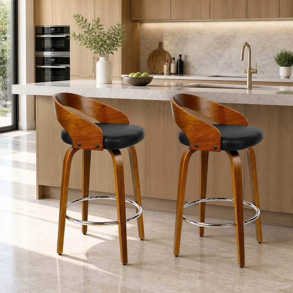 Bar Stools Swivel Seat Curved Backrest Black Walnut Wooden 2 Piece Kitchen Dining Set
