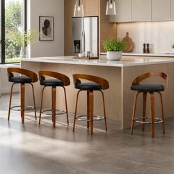 Set of 4 Curved Back Black PU Leather Bar Stools