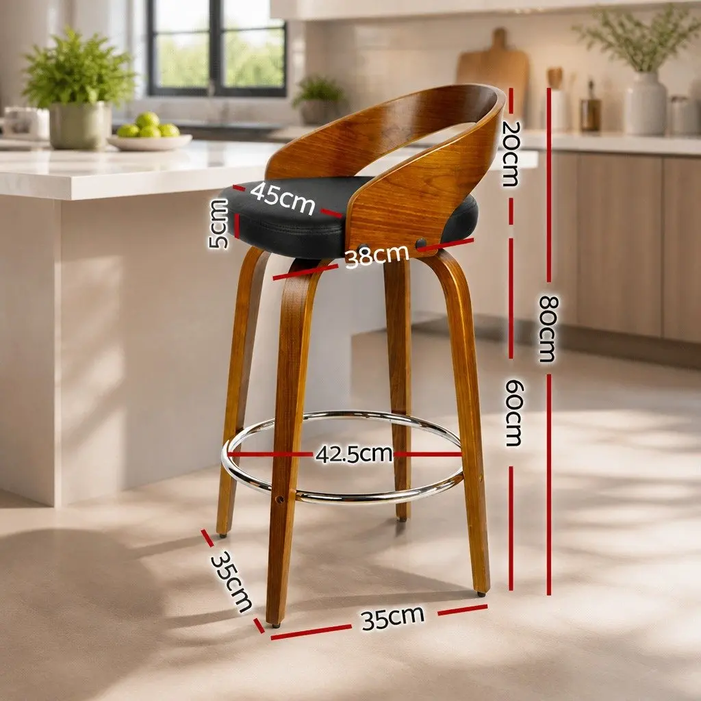 Bar Stools Swivel Seat Curved Backrest Black PU Leather Wooden 4 Piece