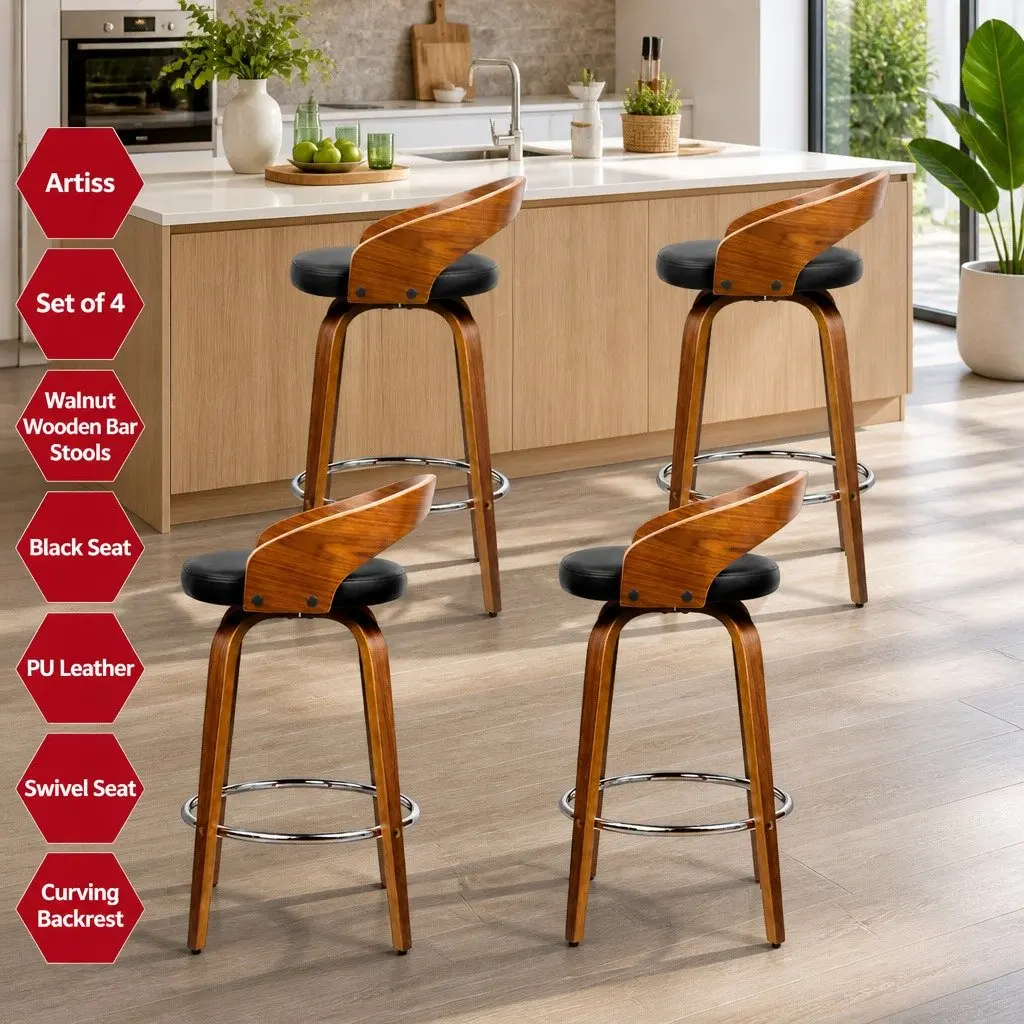 Bar Stools Swivel Seat Curved Backrest Black PU Leather Wooden 4 Piece