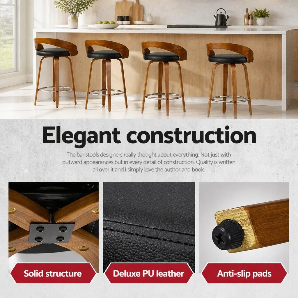 Bar Stools Swivel Seat Curved Backrest Black PU Leather Wooden 4 Piece