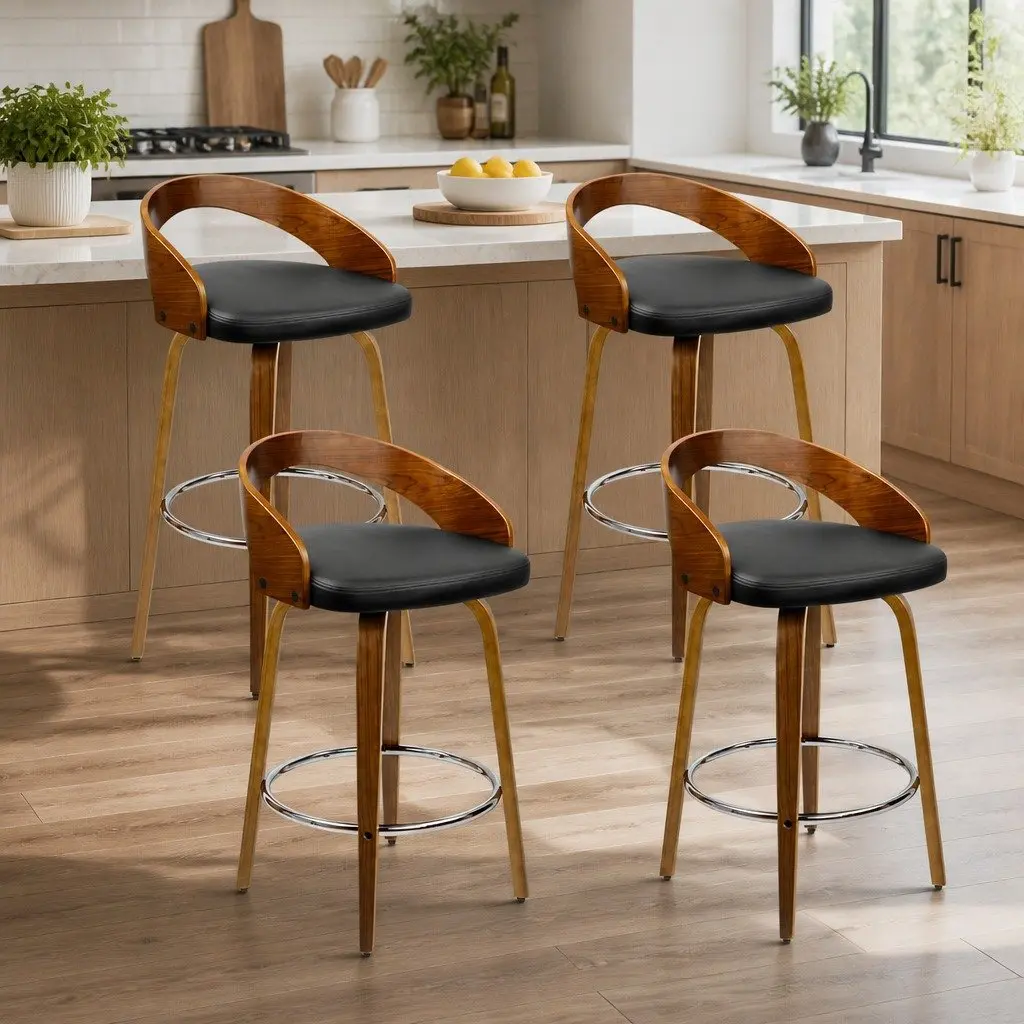 Bar Stools Swivel Seat Curved Backrest Black PU Leather Wooden 4 Piece