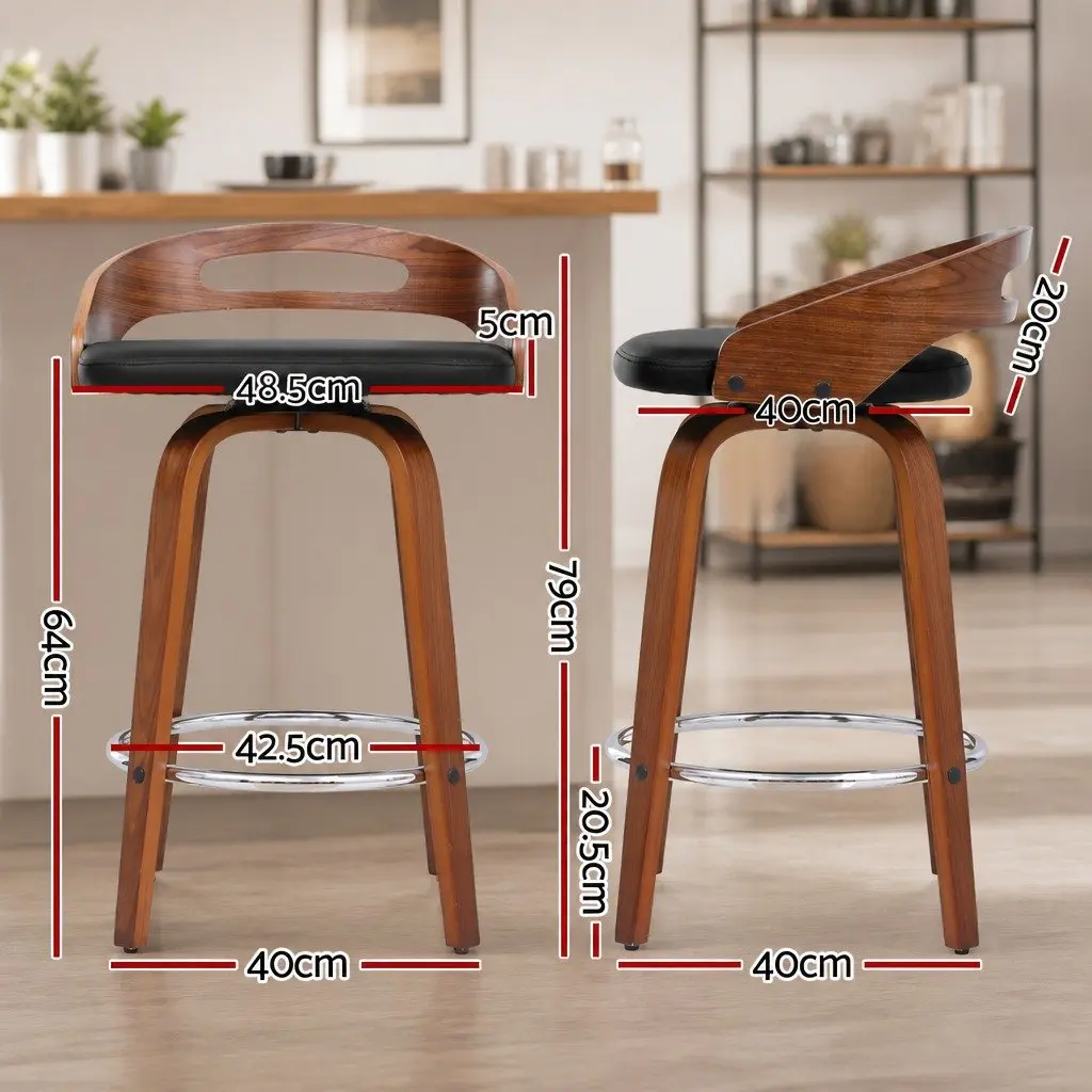 Bar Stools Swivel Low Back Counter Seat PU Leather Black Set of 2