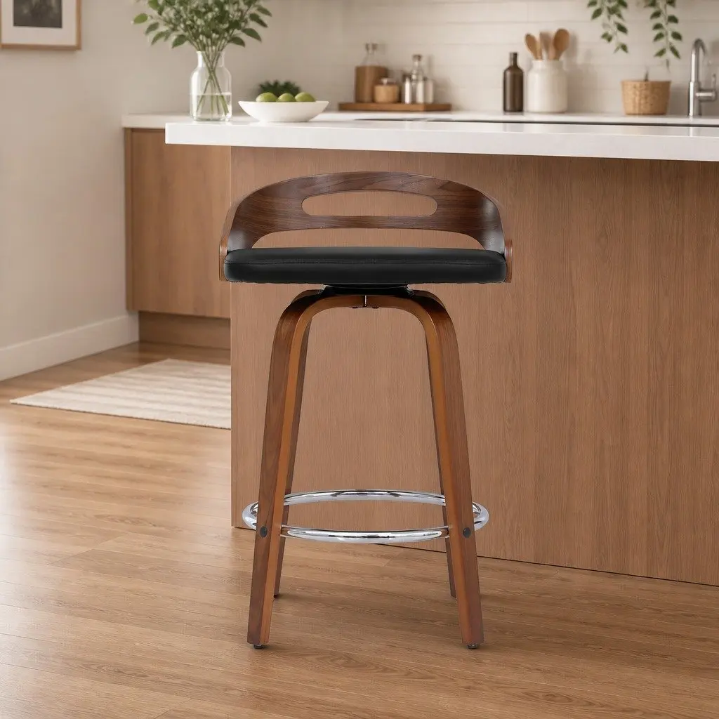 Bar Stools Swivel Low Back Counter Seat PU Leather Black Set of 2