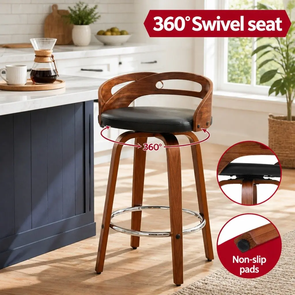 Bar Stools Swivel Low Back Counter Seat PU Leather Black Set of 2
