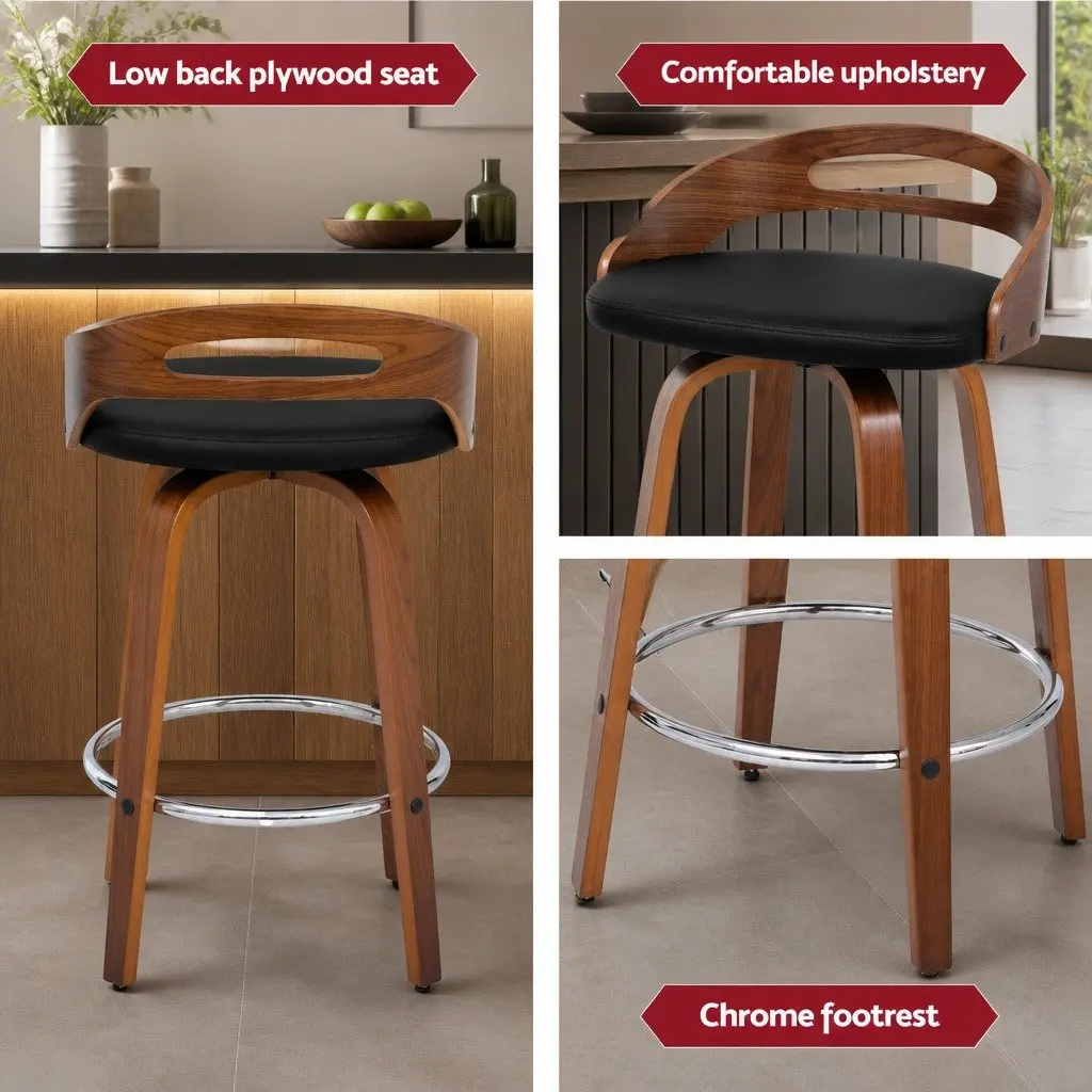 Bar Stools Swivel Low Back Counter Seat PU Leather Black Set of 2