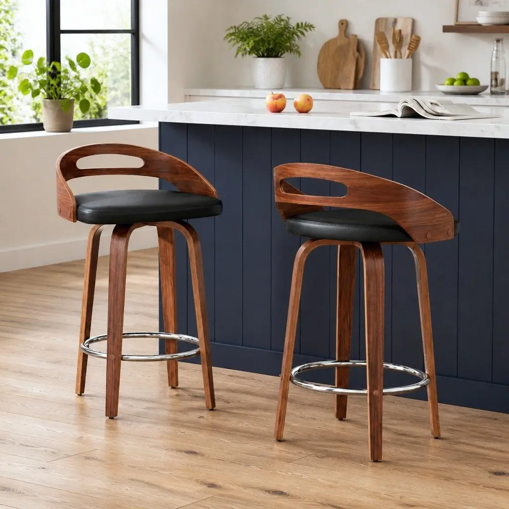 Bar Stools Swivel Low Back Counter Seat PU Leather Black Set of 2